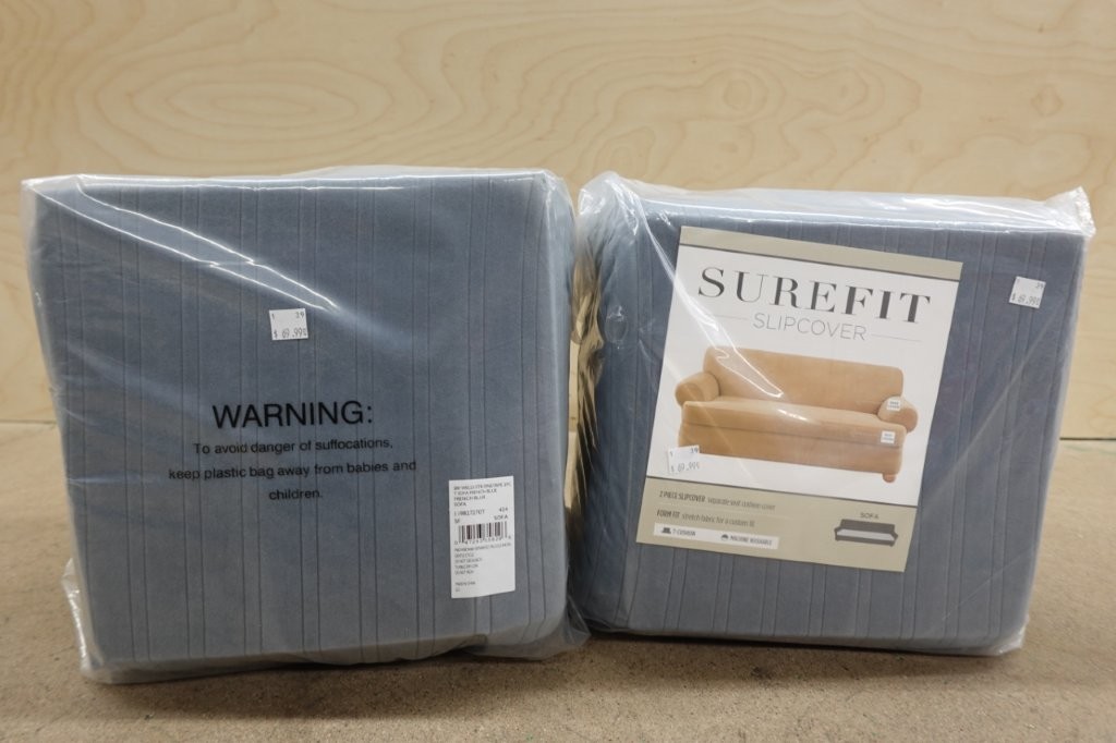 2-Piece SureFit Stretch Pinstripe T-Cushion Sofa Slipcover- French Blue - Image 4