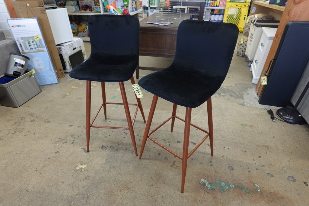 Set of 2, Velvet Upholstered Barstools with Metal Legs - Image 6