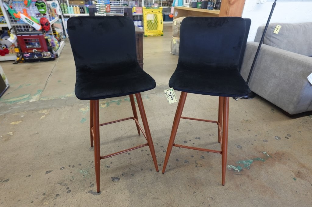 Set of 2, Velvet Upholstered Barstools with Metal Legs - Image 2