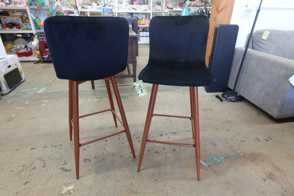 Set of 2, Velvet Upholstered Barstools with Metal Legs - Image 3