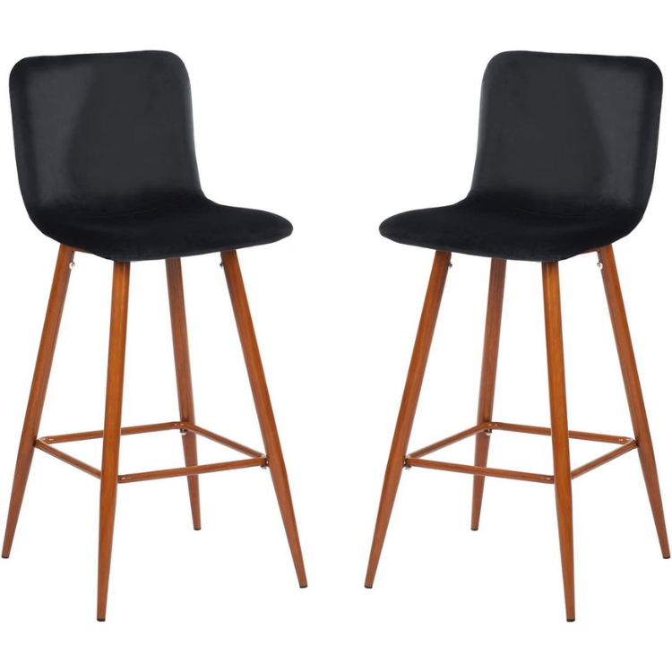 Set of 2, Velvet Upholstered Barstools with Metal Legs