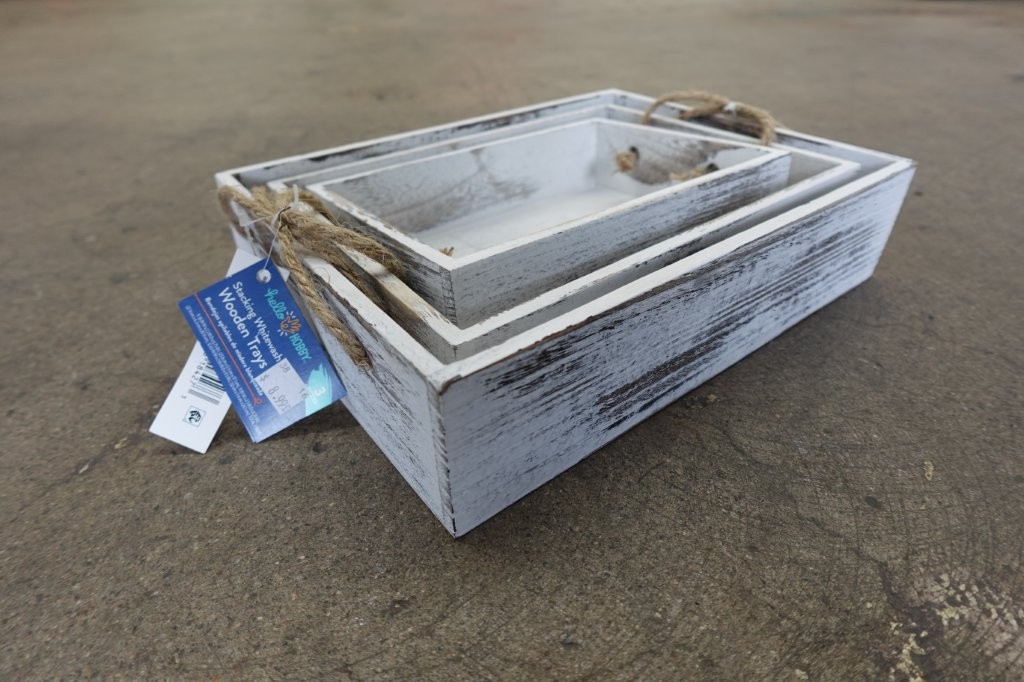 3 Piece Hello Hobby Rustic White-Wash Wooden Nested Tray Set - Image 4