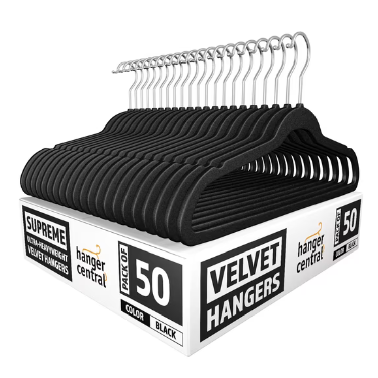 50-Pack Hanger Central Black Velvet Non-Slip Space-Saving Clothes Hangers