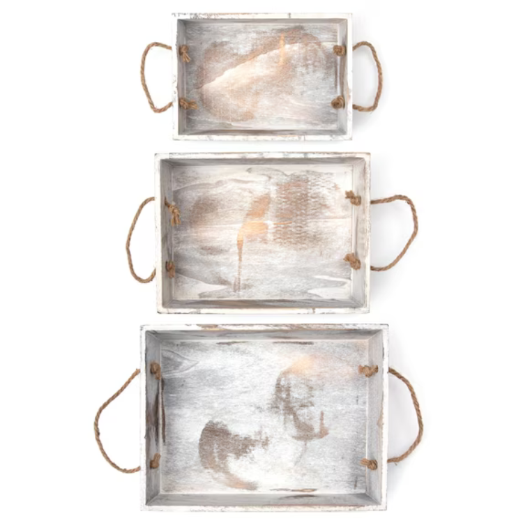 3 Piece Hello Hobby Rustic White-Wash Wooden Nested Tray Set