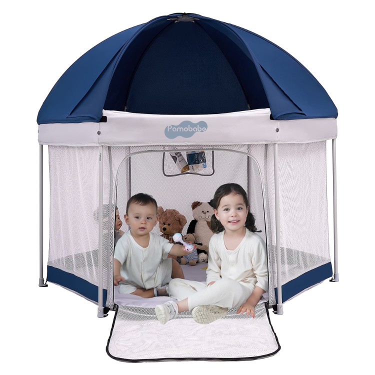 Pamo Babe Portable Baby Playpen with UV Canopy – Blue