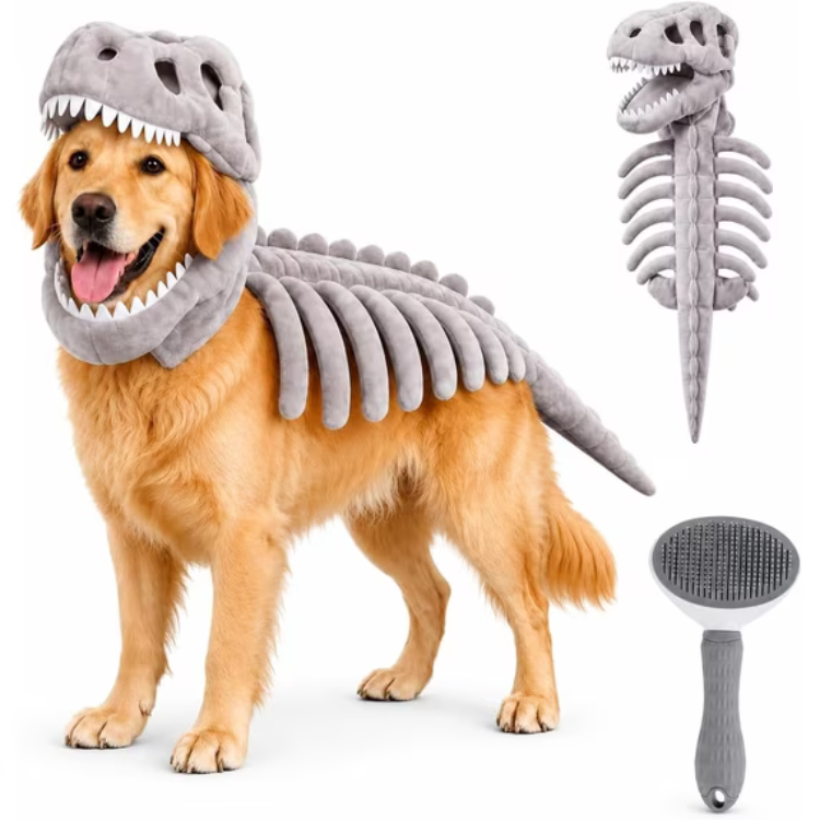 Dinosaur Skeleton Dog Costume with 3D Plush Hood