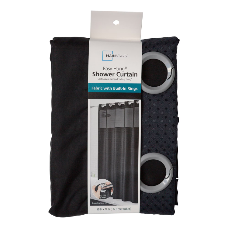 70" x 74" Mainstays Gemma Fabric Shower Curtain with Built-In Rings, Black