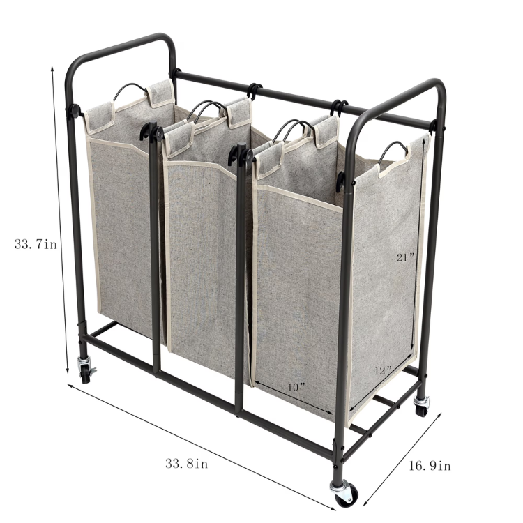 3-Bag Better Homes & Gardens Fabric Laundry Sorter with Rolling Metal Cart in Gray - Image 2